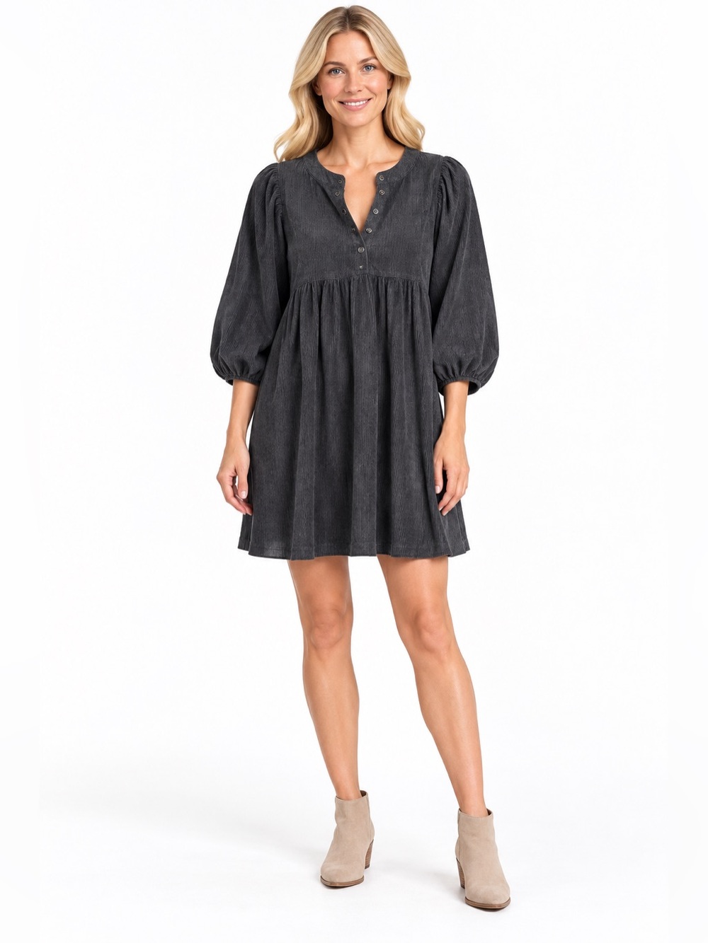 Umgee Size Medium Corduroy Washed Black Babydoll Dress with Puff Sleeves